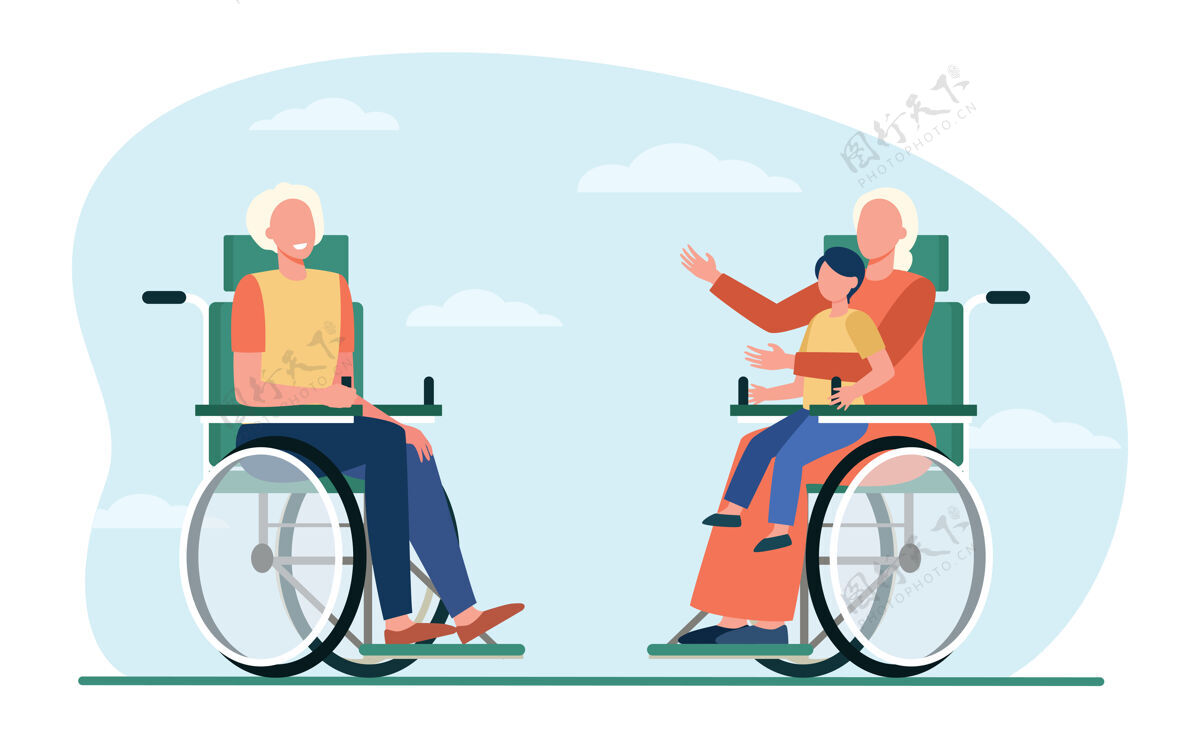 女人老人在轮椅上抱着孩子和说话退休 孩子 祖父母平矢量插图代代相传老年人老人老年人