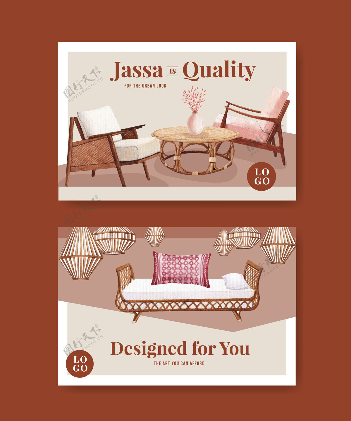 家居用jassa家具概念设计模板进行社交媒体和网络营销水彩矢量插画水彩画媒体装饰
