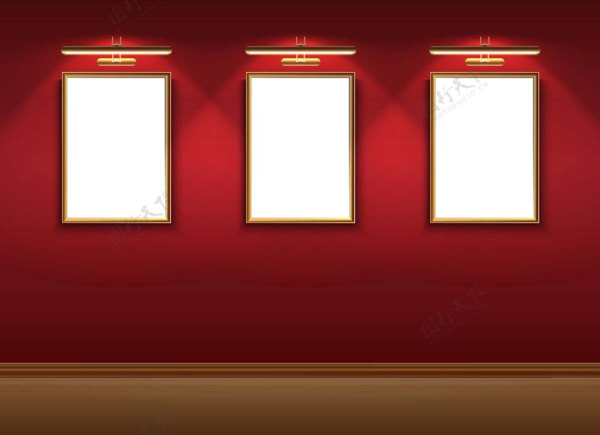 展览逼真的矢量博物馆房间 挂在红墙上的模型图片框架拼花木材墙