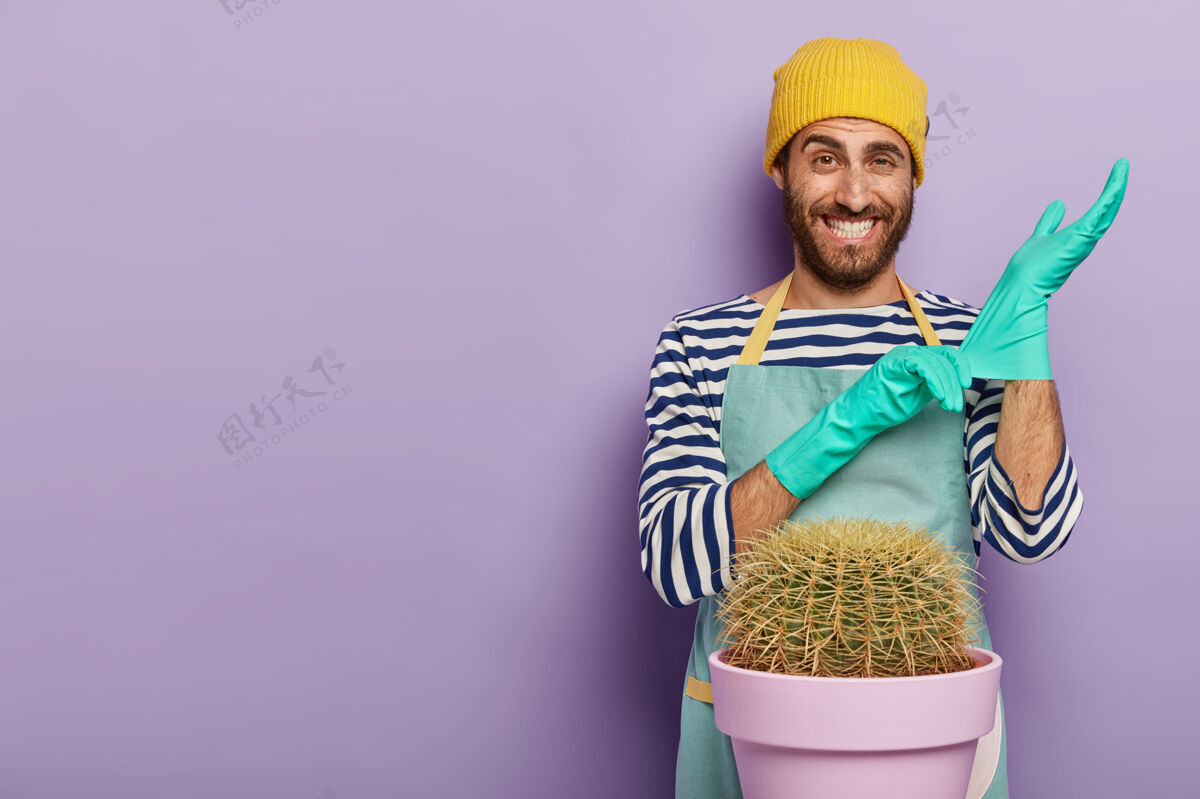 室内植物积极的园丁戴着橡胶手套 准备把仙人掌移植到新的花盆里农民种植帽子