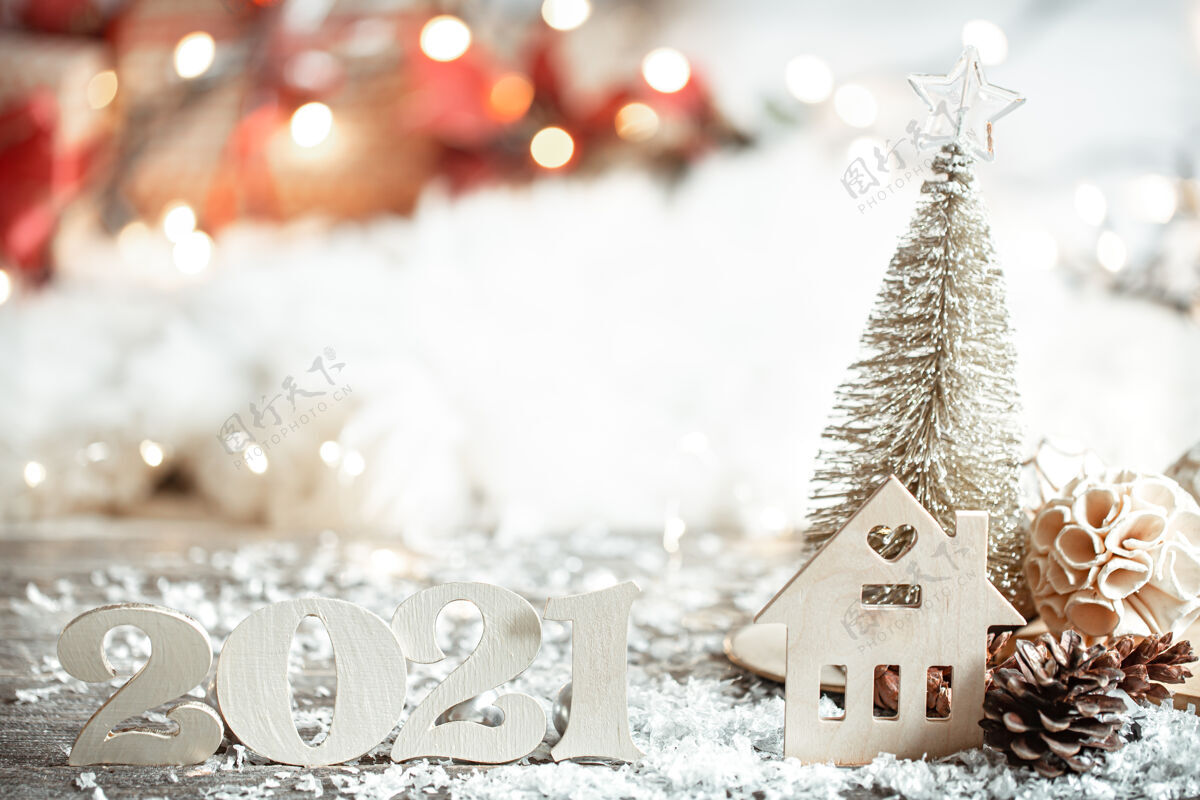 新节日抽象圣诞背景木编号2021特写和装饰细节模糊背景细节雪