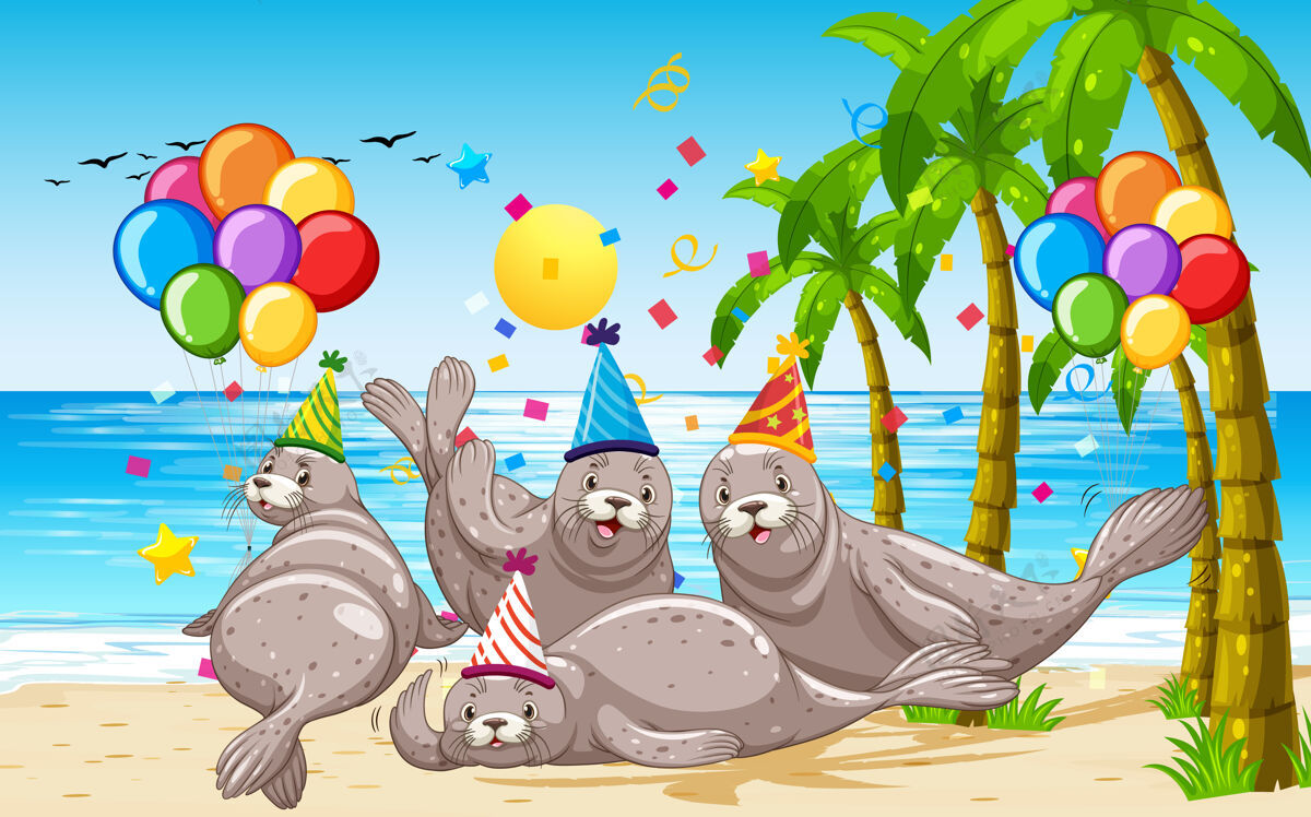 动物海豹集团在党的主题卡通人物沙滩上的背景庆祝海狮狮子