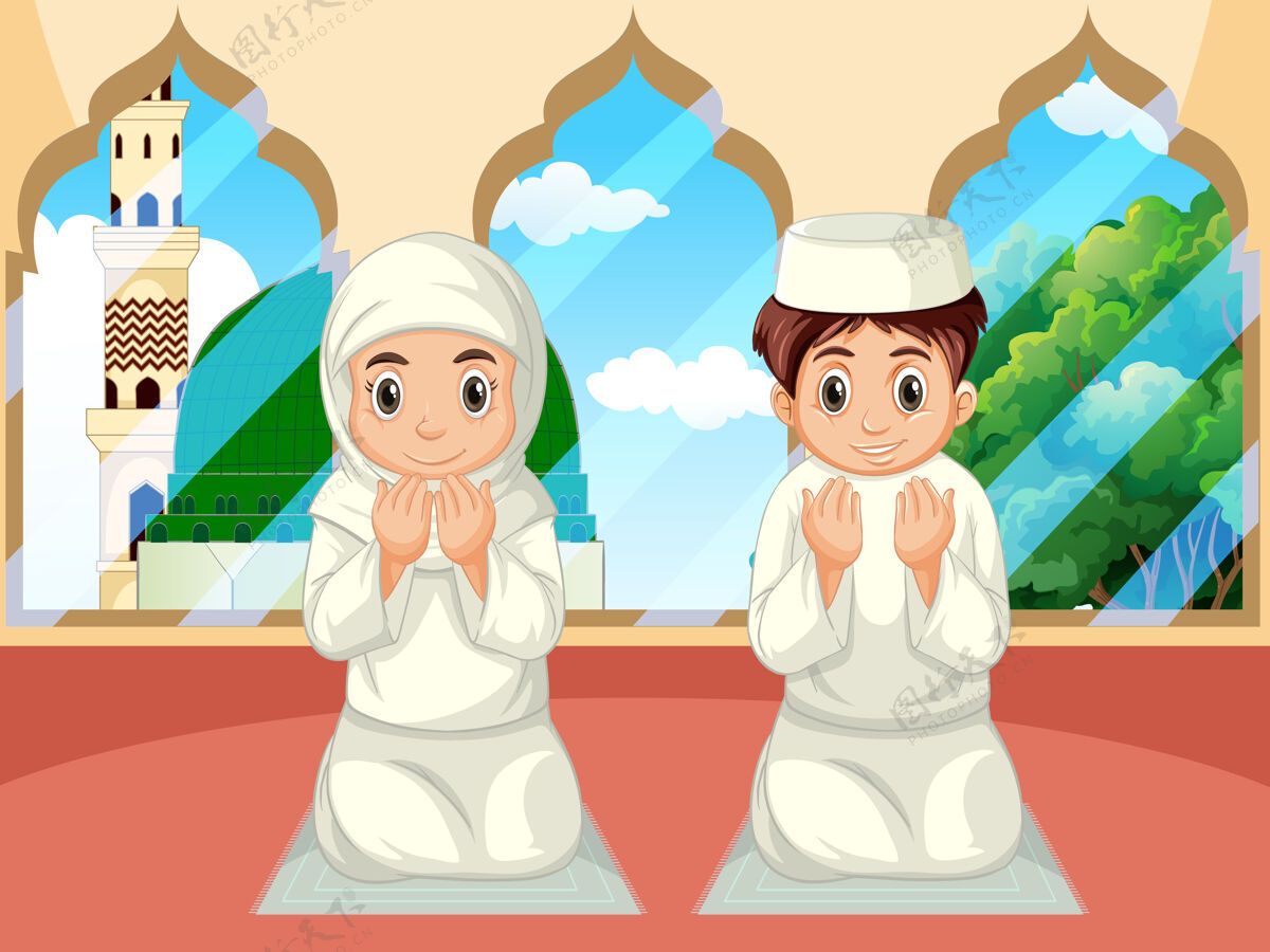 传统阿拉伯穆斯林男孩和女孩穿着传统服装在清真寺背景下祈祷坐着传统坐着
