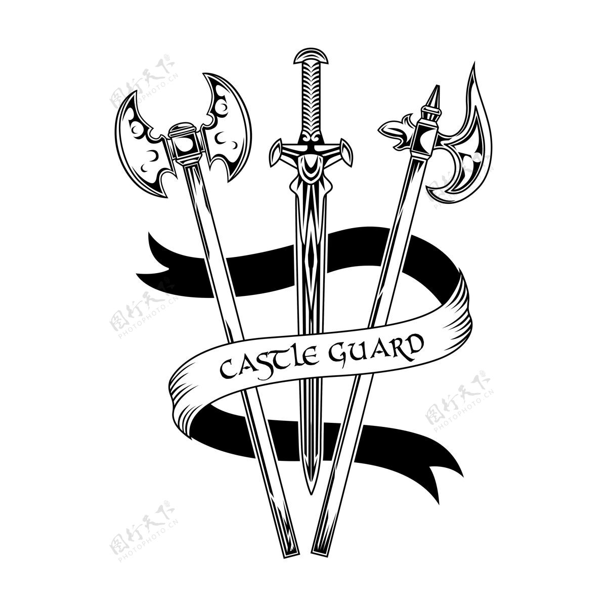 历史勇敢的骑士武器矢量插图剑和斧头 丝带上的城堡守卫文字守卫和徽章或徽章模板的保护概念徽章军队古代