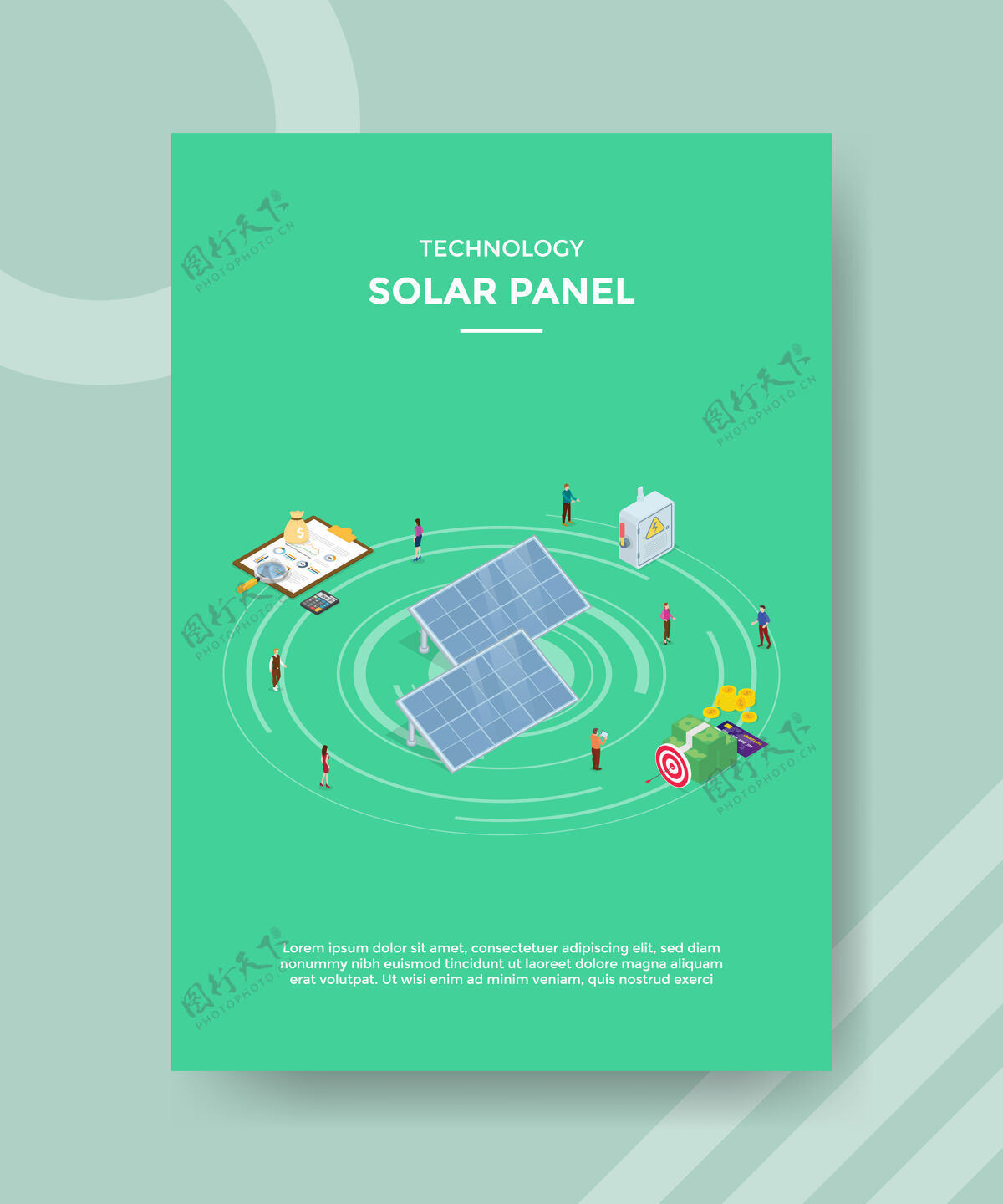 成本科技太阳能电池板的人站在周围的钱图表面板等距节省