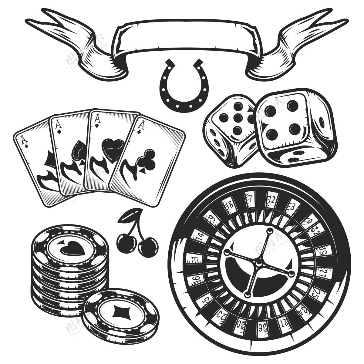 轮盘赌一套赌场元素（卡 筹码和轮盘赌）休闲图形幸运