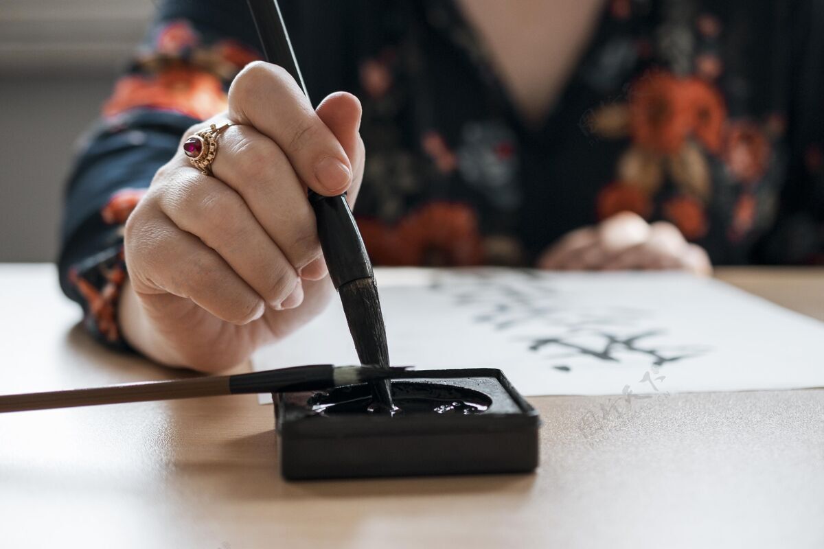 书法中国水墨概念特写中文艺术品毛笔