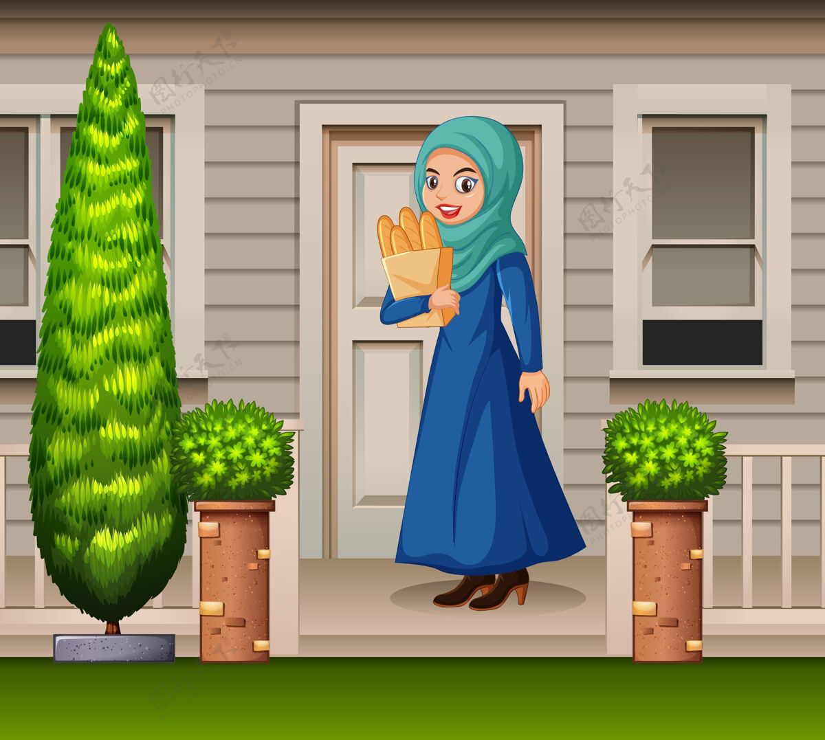 穆斯林房子前面的阿拉伯女人包前面门
