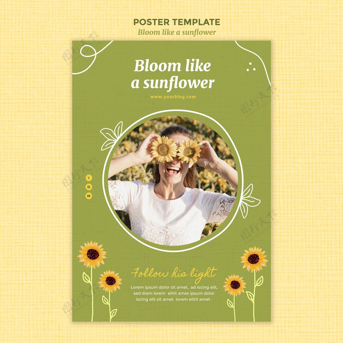 植物向日葵和女人的垂直海报印刷模板快乐海报