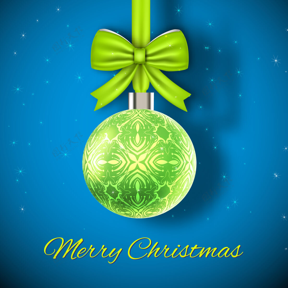 天气圣诞卡在蓝色上闪闪发光的绿色圣诞球降雪卡片丝带