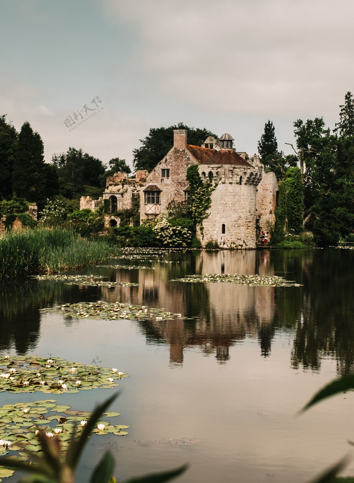 塔一个古老的城堡在一个被树木环绕的美丽池塘上的倒影的垂直镜头城堡堡垒天空