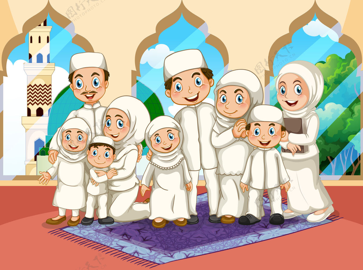 阿拉伯人阿拉伯穆斯林大家庭穿着传统服装在清真寺祈祷卡通人物父母