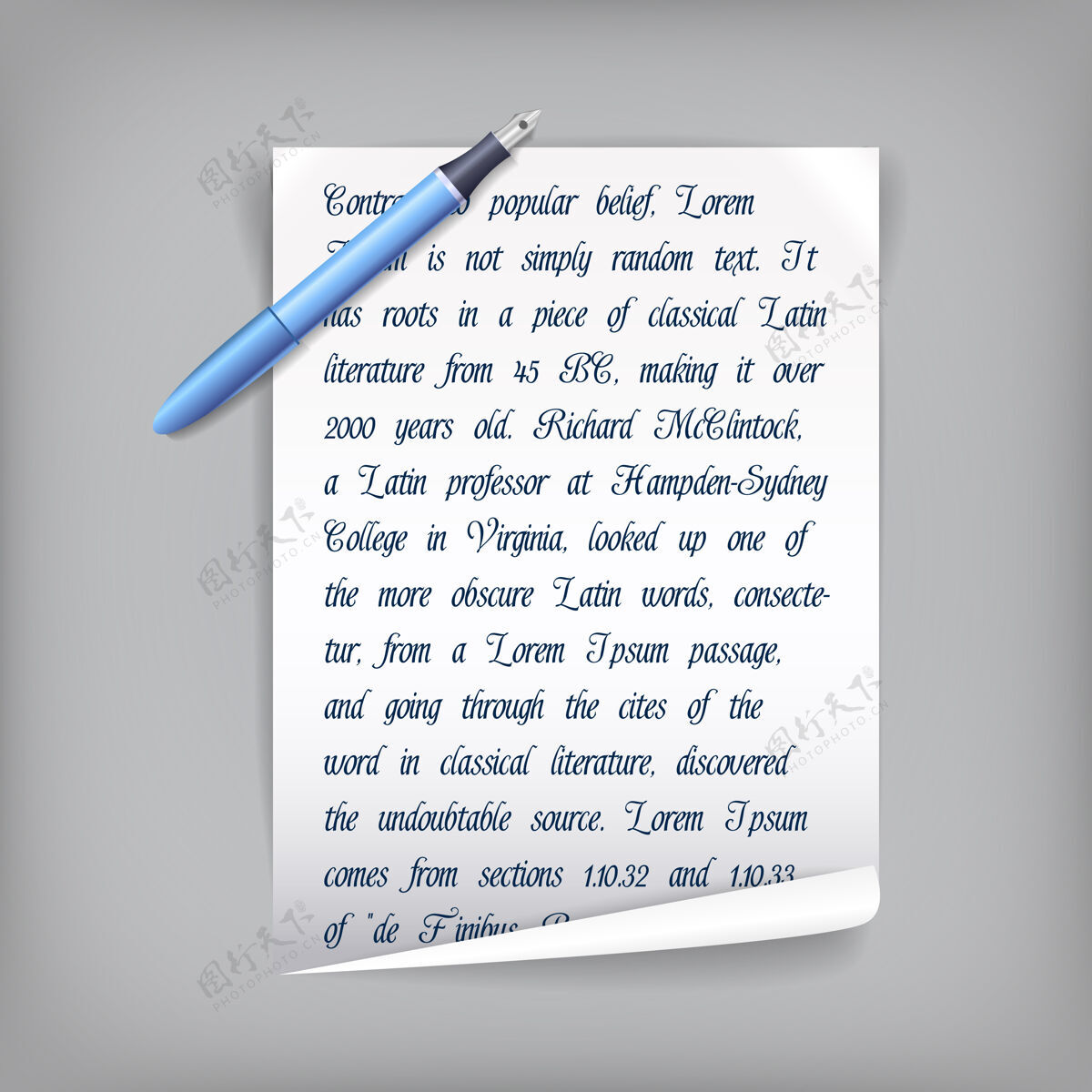 教育用钢笔和白纸写下手写体信件设计概念