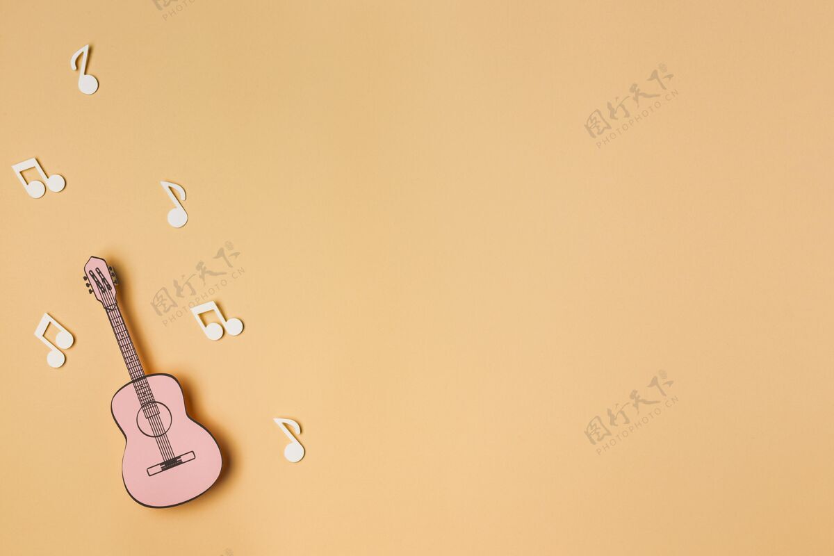 音乐元素粉色吉他配白色音符安排布局顶部