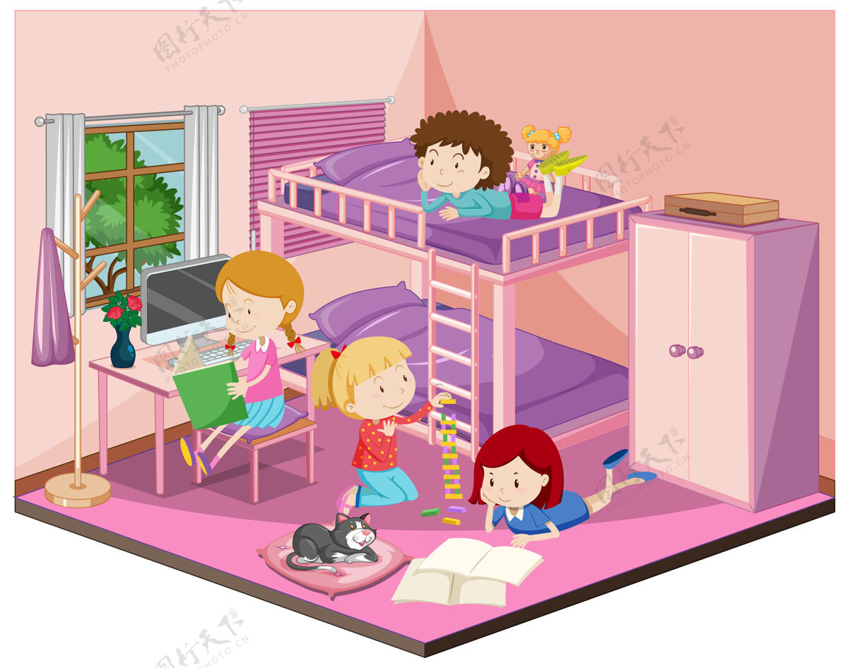 阅读孩子们在卧室里用粉色主题的家具家具游戏朋友