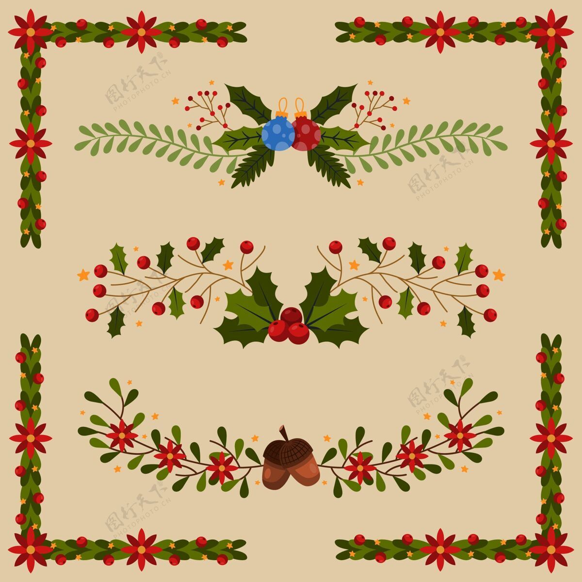 圣诞节手工绘制的圣诞框架和边框十二月节日手